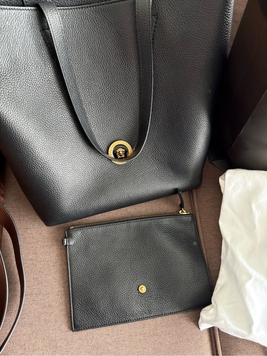 Handbags - VERSACE Black Leather Tote Bag with Removable Pouch - Versatile Everyday Carry